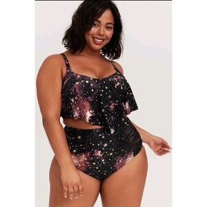 Torrid Black Gold Star Metallic Print 1PC Flounce Top SwimSuit 4 4X EUC RARE